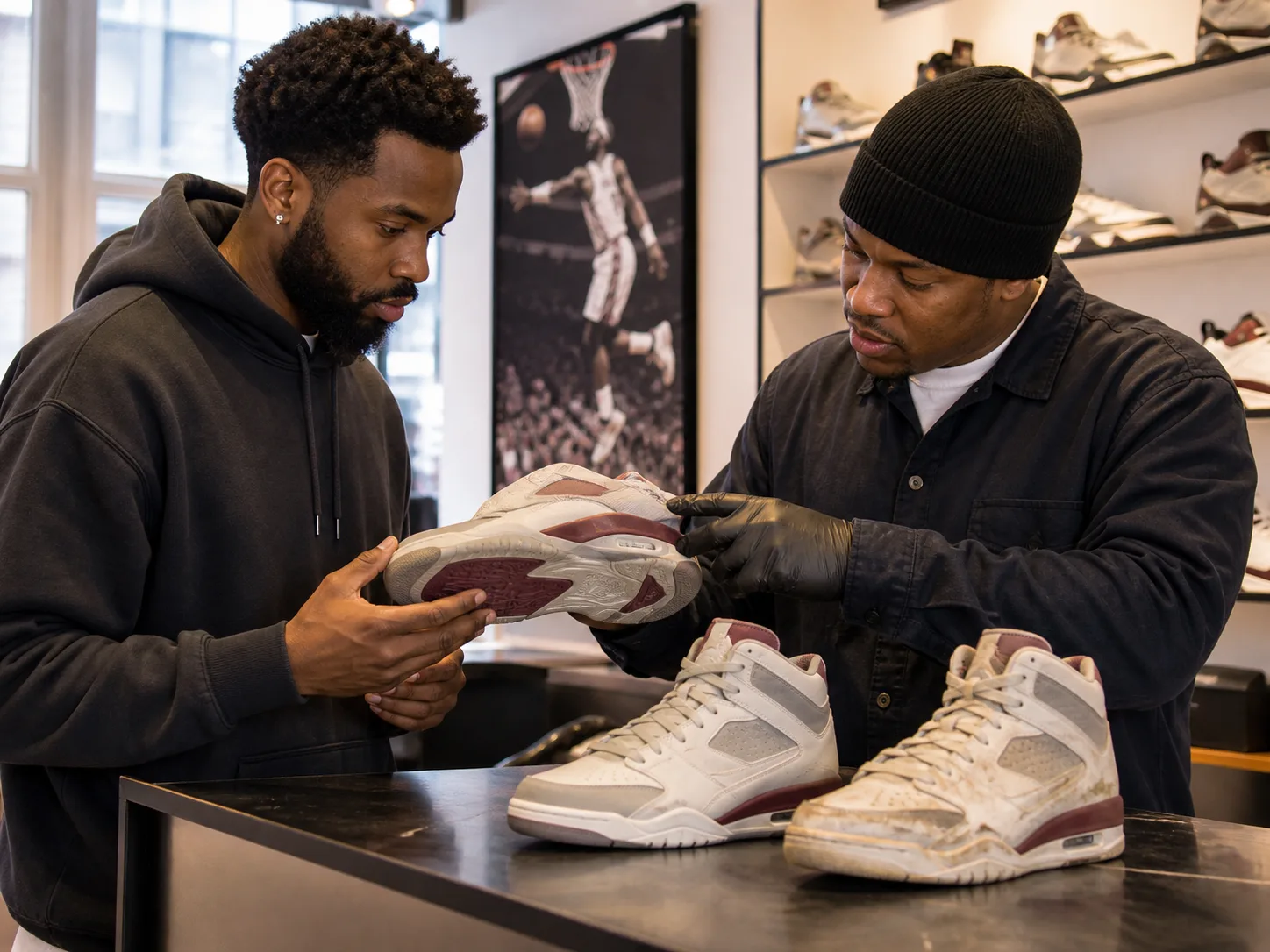 Black sneaker buyer and specialist examining unbranded retro basketball shoe outsole and bond line beside modern and worn comparison pairs