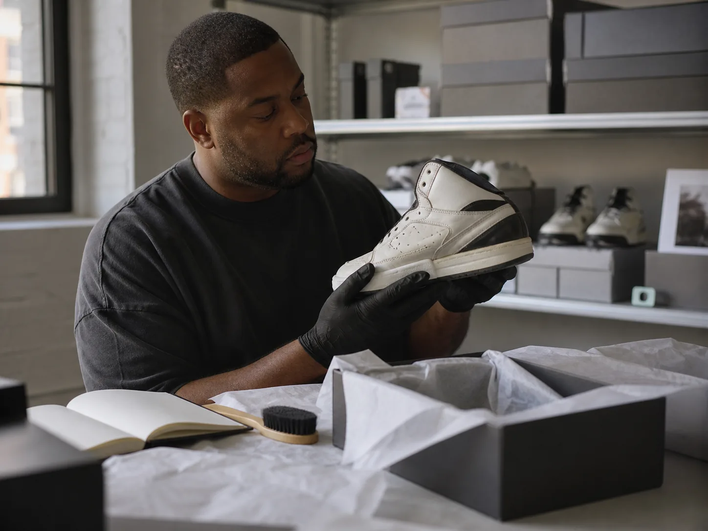 Black male sneaker archivist wearing gloves while inspecting an aged retro basketball shoe beside tissue paper and a soft brush