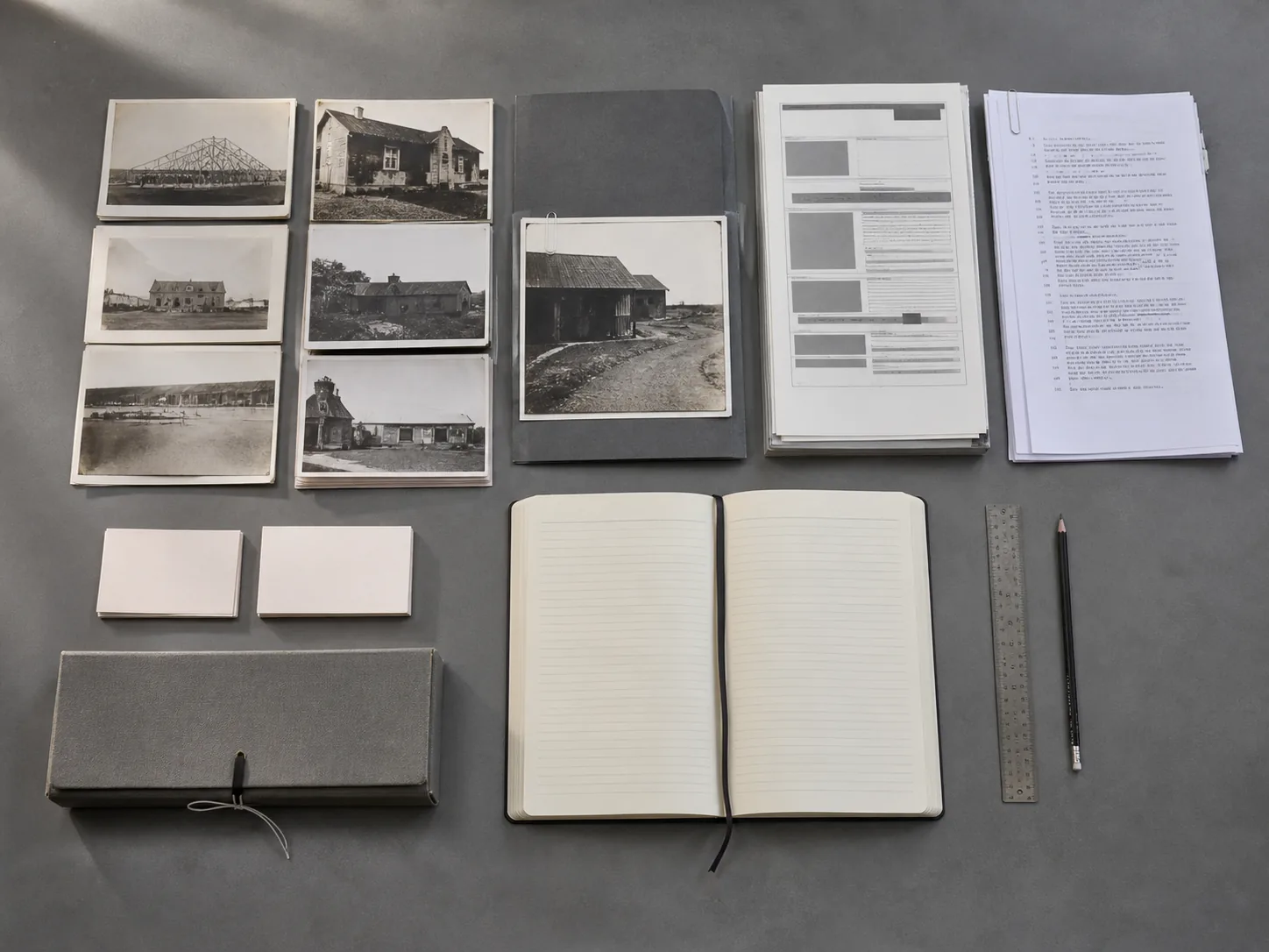 Illustrative source-verification desk with archival-style photographs, document groups, open notebook, ruler and pencil