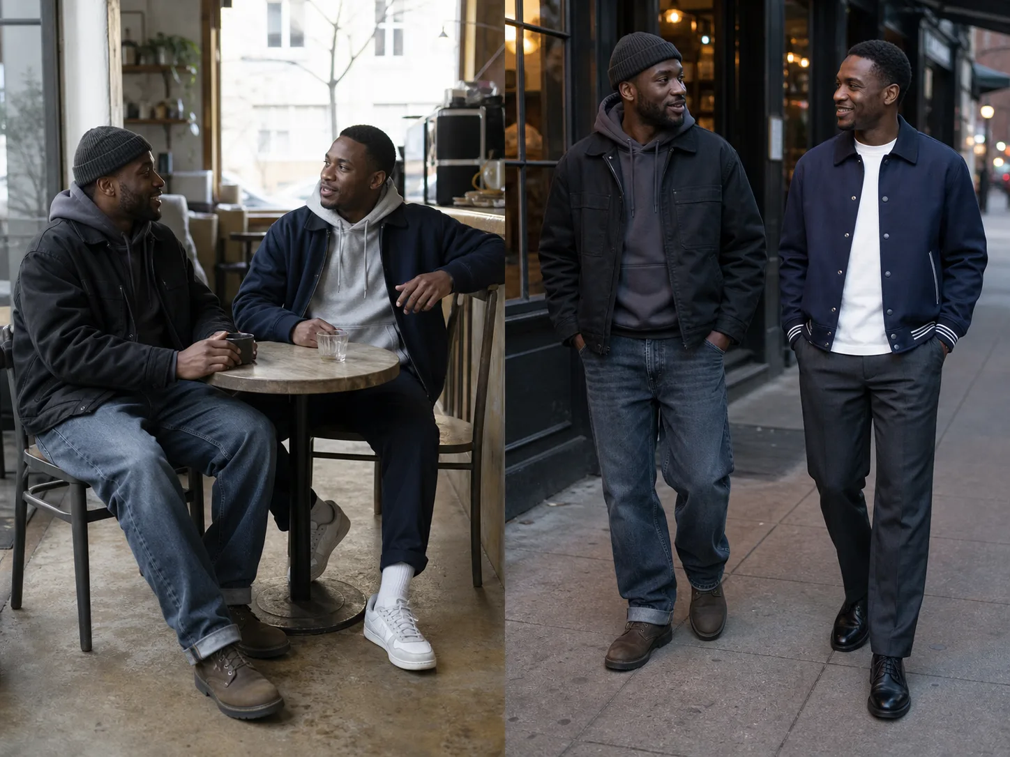 Hip-hop streetwear transition from day to evening Black men in daytime hoodie work jacket and relaxed jeans beside evening navy varsity-inspired jacket white tee charcoal trousers and black shoes