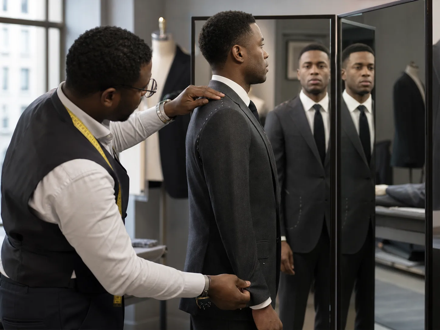Black tailor checking shoulder collar and sleeve of charcoal suit on Black male client at three-way mirror