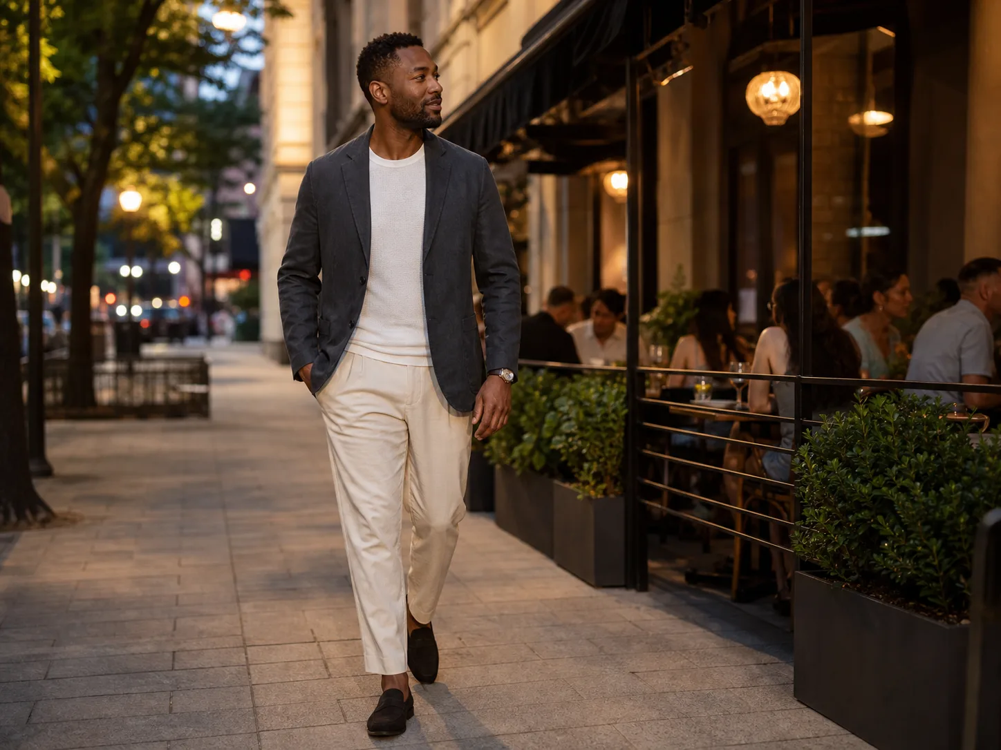 Black men's smart casual summer evening outfit Black man walking toward a restaurant in dark-gray unstructured jacket, white fine-knit tee, relaxed cream trousers and dark loafers