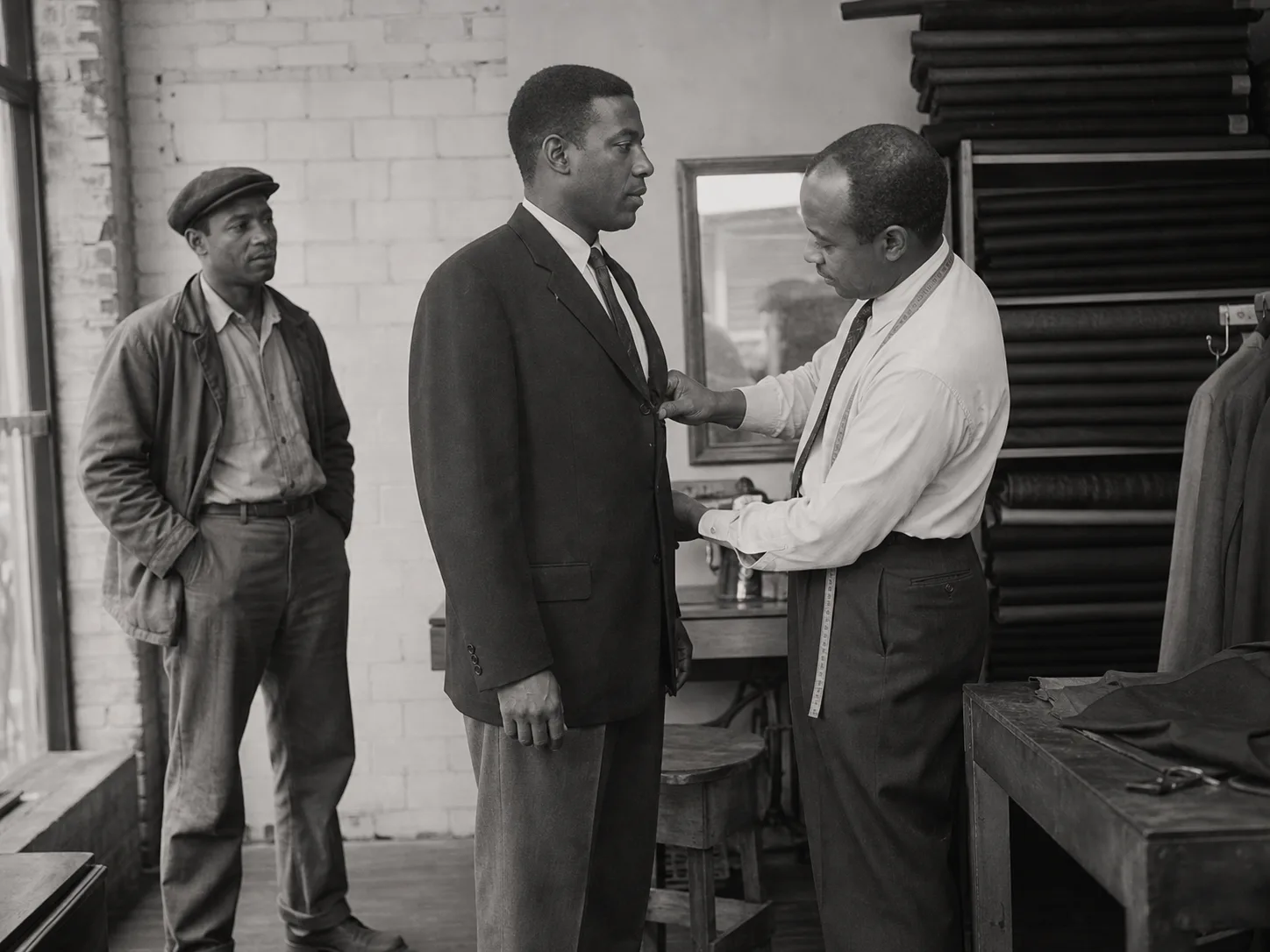 Editorial reconstruction of Black tailoring and workwear history Black-and-white editorial reconstruction of Black tailor fitting dark suit on client while a man in period workwear waits in a neighborhood shop