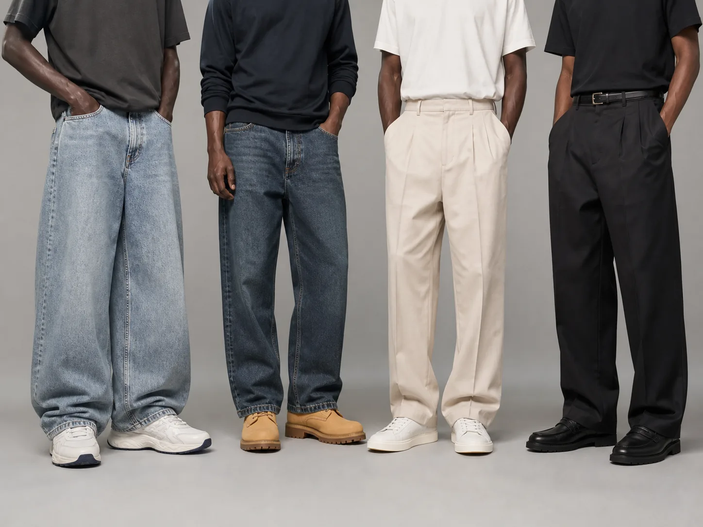 Trouser opening and shoe pairings for 90s outfits Four anonymous Black men shown from torso to feet pairing wide denim with basketball sneakers, loose denim with boots, pleated chinos with low-tops, and dark trousers with loafers