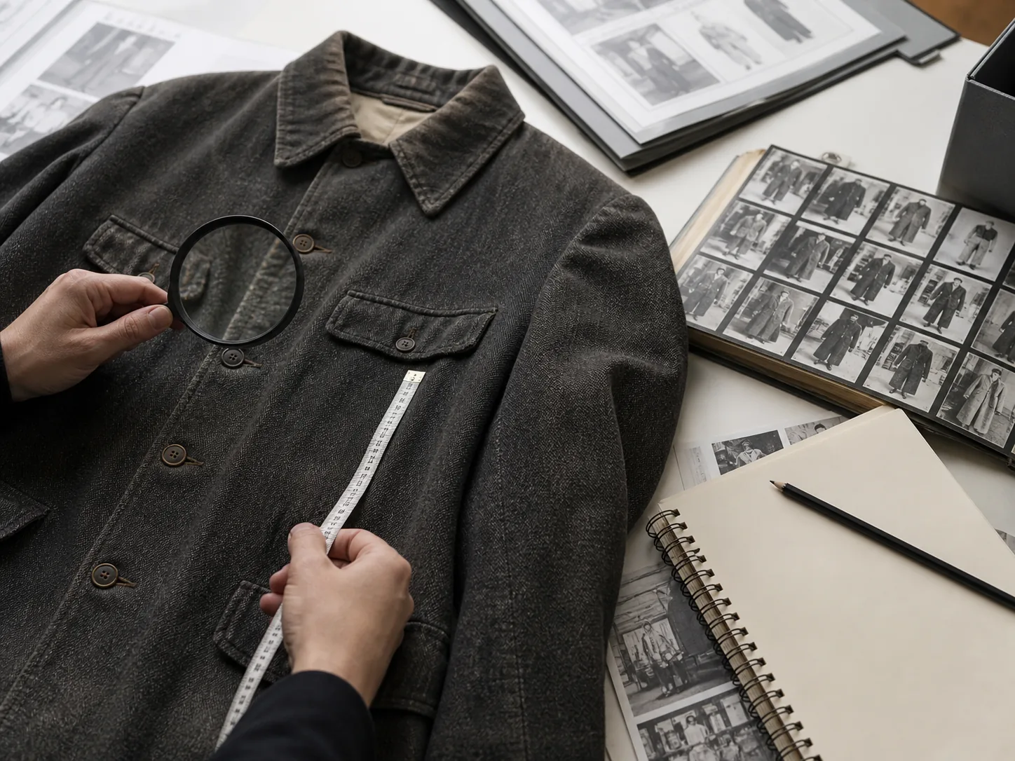 BAAM Boys fashion research and claim checking Illustrative hands comparing a dark vintage jacket with measurements, notes and archival-style contact sheets