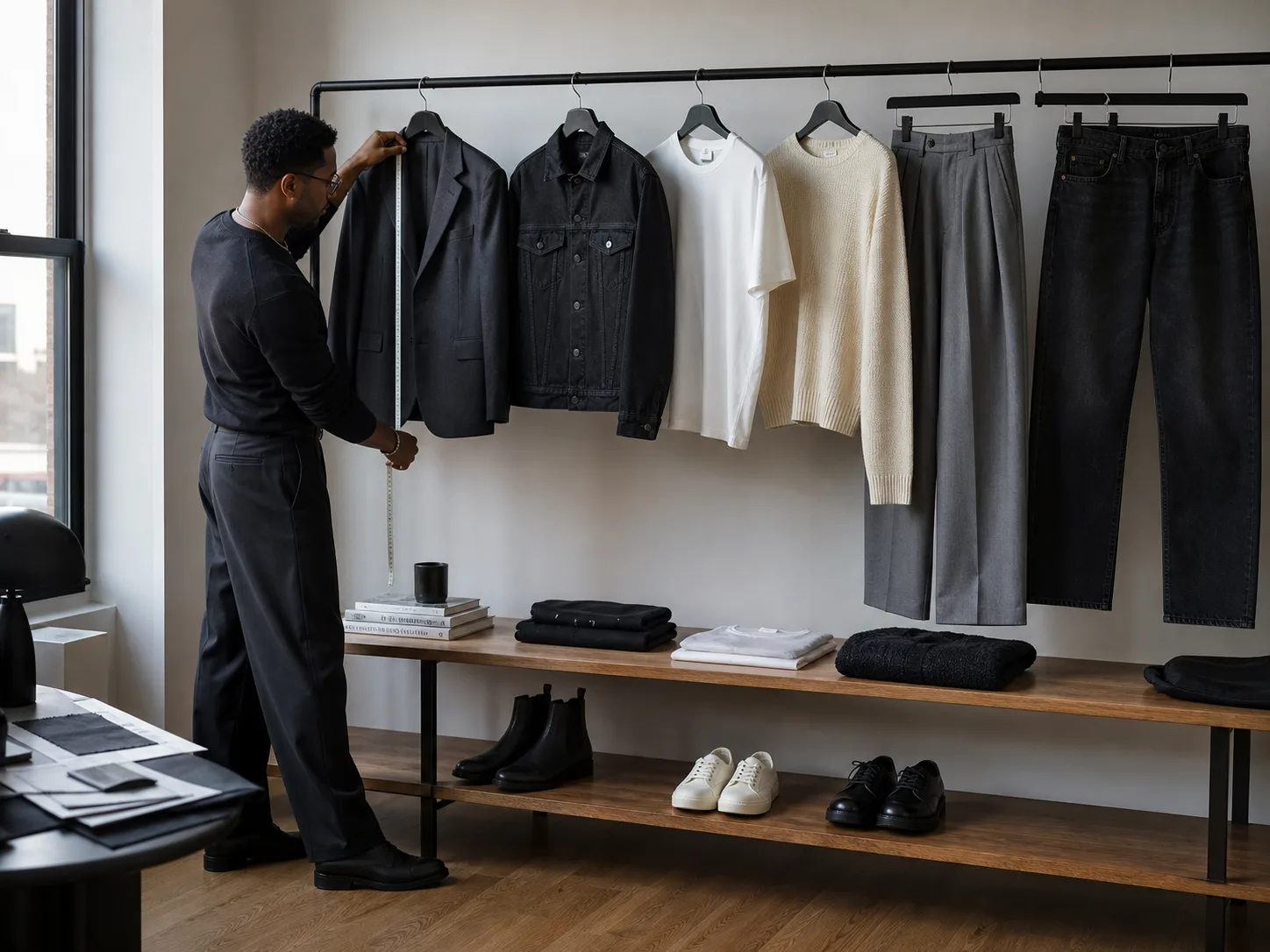 Black men's capsule wardrobe decision system Black male fashion editor measuring charcoal blazer beside black denim jacket, white tee, cream knit, gray trousers, dark jeans and shoes on wardrobe wall