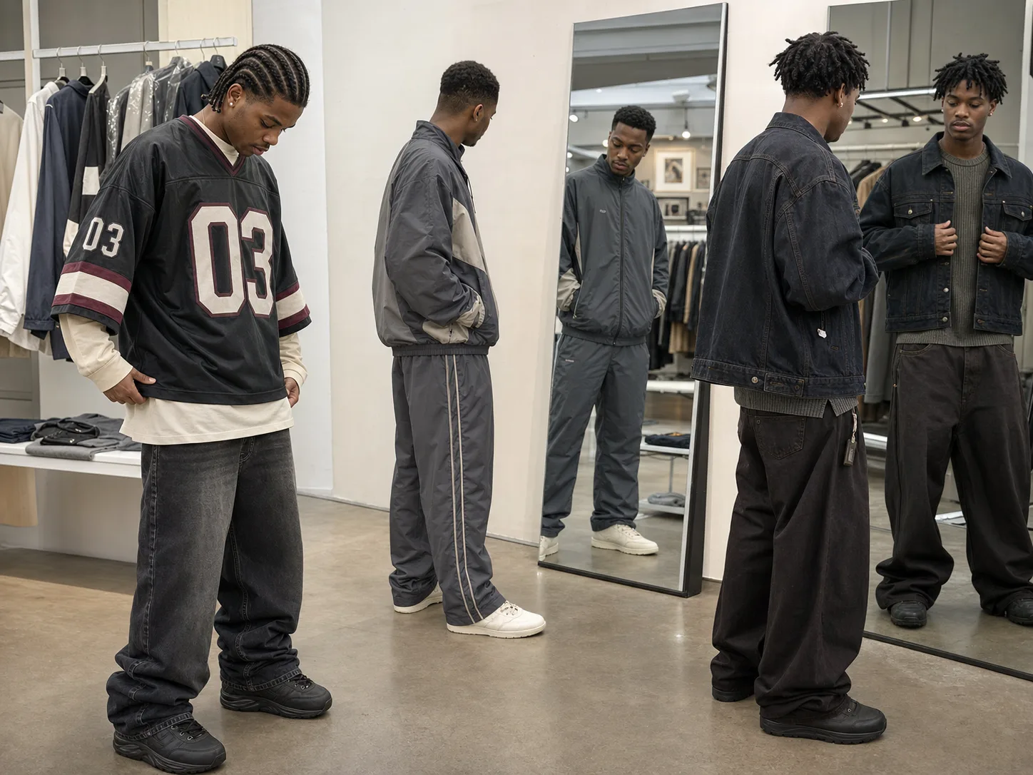 Three Black men checking Y2K-inspired jersey, gray tracksuit and oversized denim proportions in full-length clothing-store mirrors